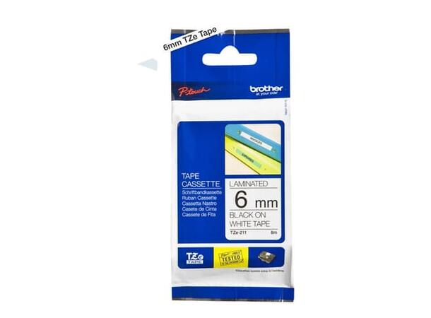 Brother Tape 6mm TZe-211 Svart/Hvit 