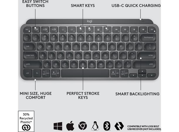 Logitech MX Keys Mini bluetooth, usb-c oppladning, bolt, smart 