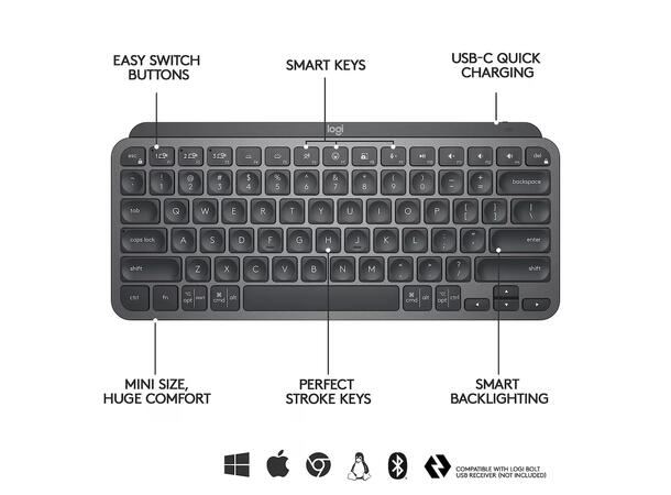 Logitech MX Keys Mini for Business Logi Bolt USB-mottaker, bluetooth, 10m r 