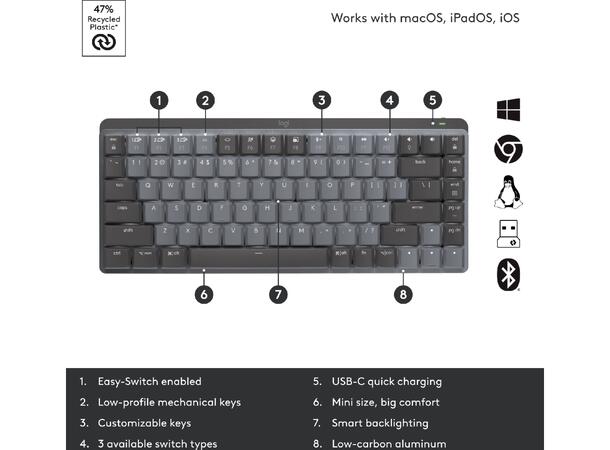Logitech MX Mechanical Mini Minimalist T Bluetooth, USB, trådløs, tactile knapper 